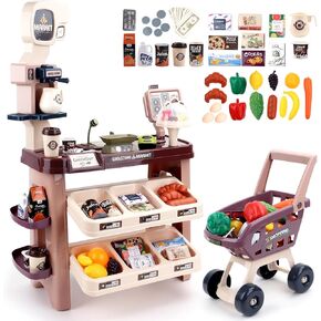 Deao Supermarket Playet for Kids Grocery Store Play Play Market Market Stall Toy مع عربة التسوق ، ومطبخ يلعب للأطفال الصغار ، وأفضل لعبة في الهواء الطلق للأطفال