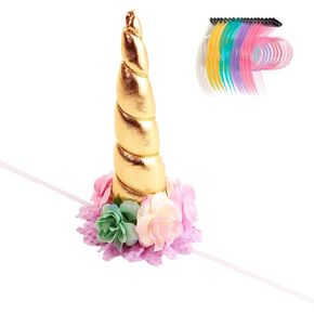 Nishine 8"x5" Long Floral Unicorn Horn Headband + 18 PCS Pony Mane Hair Tinsel for Making Your Horse a Unicorn Holloween Wedding Party Decor (Pink)