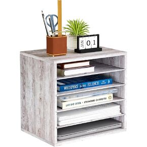 Mail Sorter Organizer, Wood Countertop Vintage Literature Organizer, Office Supplies Desktop File Bill Paper Organizer for Office Home School, 4 Compartments, Retro White