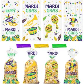 Jocomoni 160PCS Mardi Gras Cellophane Treat Bags, Clear Plastic Goodie Candy Bag with Twist Ties for Mardi Gras Birthday Party Favor Supply（4 Style）