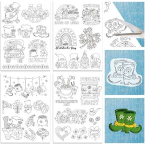 ORIGACH 4 Sheets Saint Patrick's Day Water Soluble Embroidery Patterns Stabilizers - Pre-Printed Lucky Shamrock Gnome Hat & Truck Designs - Stick & Stitch Embroidery Paper for Hand Sewing Lovers