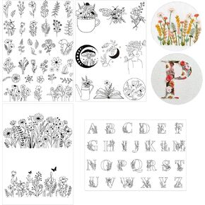 Stick & Stitch Embroidery Paper Pattern - 4 Sheet Stick & Stitch Embroidery Paper Wash Away, Water Soluble Stabilizer for Embroidery, 26 Letters, Mushroom, Flower Design, Suprise for Hand Sewing Lover