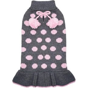 KYEESE Dog Sweater Dress Polka Dot Dog Sweater for Girl with Leash Hole Knit Warm Dog Clothes with Pom Pom Ball for Fall Winter