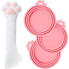 4PCS Pet Food Can Lids & Can Spoon, Multi-Function Can Opener Silicone Pet Food Can Covers Cute Paw Shape Opener Spatula Cat Wet Food Spoon for Food Can (pink)