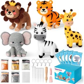 WATINC Wild Animal Needle Felting Kit - Set of 5 Different Zoo Animal Doll Making Wool Felt Needle Felting Tools Foam Pad Mat,DIY Home Decoration Needle Felting Craft Party Supplies for Beginners