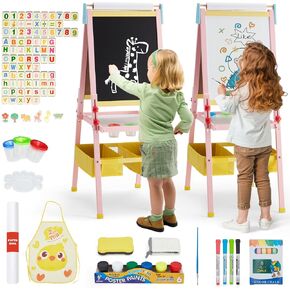 Easel for Kids Art Easel for Toddlers, Height Adjustable Kid Easel with Paper Roll, Toddler Art Easel with Double Sided Magnetic Board and Accessories, Perfect Painting Easel for Kids, Pink