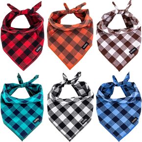 Buffalo Plaid Dog Bandanas Fall Christmas X-Large 6PCS Dog Gifts Red Blue Green Orange Black Brown Dog Scarf Adjustable Kerchief for Medium Large Dogs Pets