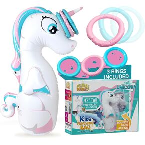 Unicorn 47 Inches- Kids Punching Bag| Already Filled with Sand | Party Bop Bag |Ring Toss with 3 Inflatable Rings| | Ride-on Toy + Handles| Punching Bag for Kids (Unique)