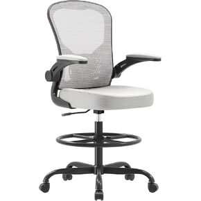 Synorla Ergonomic Drafting Chair, Tall Office Chair with Flip-up Armrests, Breathable Mesh High Desk Chair with Lumbar Support Adjustable Footrest Ring for Standing Desk, Home Office Studio