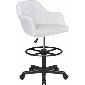 VECELO PU Leather Drafting Chair with Low Back and Footrest Ring, Height Adjustable, Swivel Rolling Wheels, for Drawing/Standing Desk/Office, White
