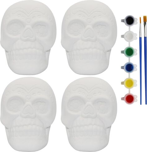 Creative Hobbies 4 Pack of Ready to Paint Ceramic Bisque Sugar Skull Shape Figurines - Includes Paint, Brushes and How to Guide | Sugar Skull in Saudi Arabia