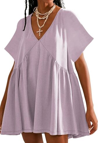 فستان Watashi النسائي الصيفي قصير الأكمام قصير الأكمام ورقبة على شكل حرف V كاجوال فضفاض ومطوي فستان قصير برقبة الدمية مع جيوب in Kuwait