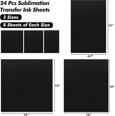 MotiMind 24 Pcs Black Sublimation Transfer Ink Sheets Pre-Printed Sublimation Paper 3 Different Sizes Transfer Paper for DIY Project on Fabric Glass Metal Leather Poly Fabrics Coaster Shirts in Saudi Arabia