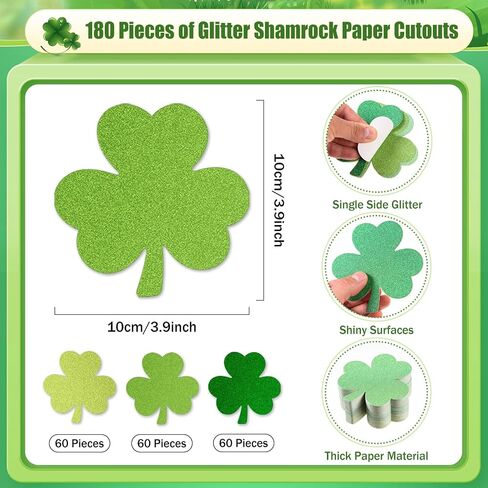MixTeach 180 Pcs Shamrocks Cutouts St. Patrick's Day Glitter Clover Paper Cut-Outs 4 Inch Green Cover Shape Die Cuts for Irish St Patricks Day Party Bulletin Board Decorations School Craft Projects in Saudi Arabia