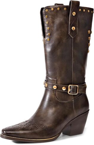 Womens Cowboy Cowgirl Boots Wide Mid Calf Square Toe Riding Boots Block Chunky Heel Low Heel Distressed Studded Boots in Saudi Arabia