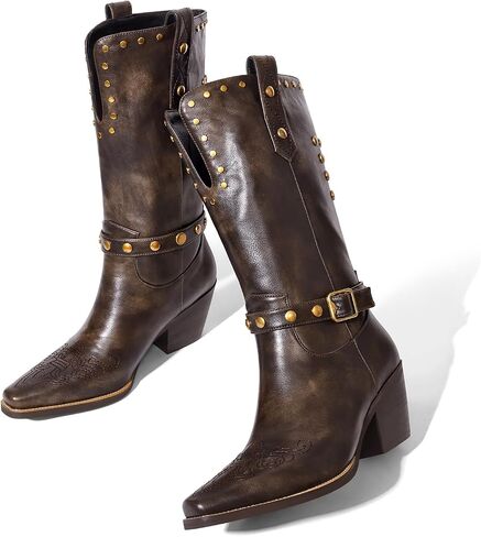 Womens Cowboy Cowgirl Boots Wide Mid Calf Square Toe Riding Boots Block Chunky Heel Low Heel Distressed Studded Boots in Saudi Arabia
