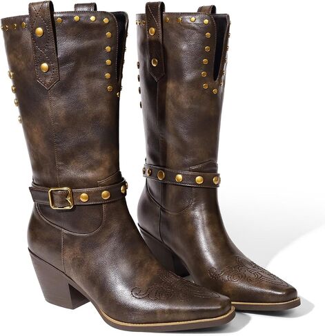 Womens Cowboy Cowgirl Boots Wide Mid Calf Square Toe Riding Boots Block Chunky Heel Low Heel Distressed Studded Boots in Saudi Arabia