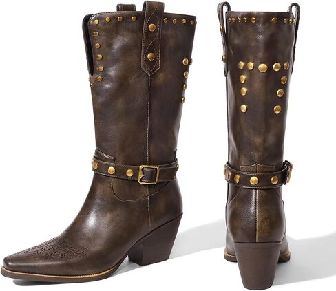 Womens Cowboy Cowgirl Boots Wide Mid Calf Square Toe Riding Boots Block Chunky Heel Low Heel Distressed Studded Boots in Saudi Arabia