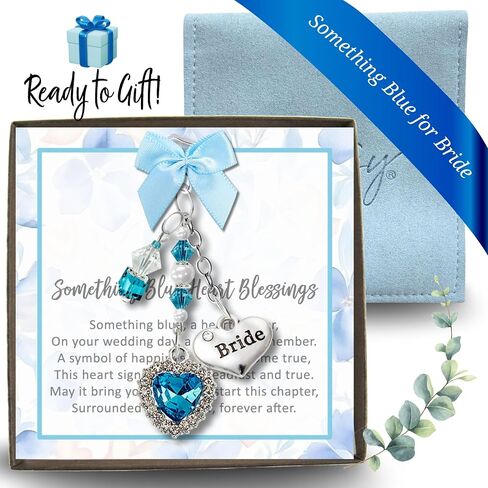 Something Blue Wedding Day Gift For Bride, Heart Charm Glass Caribbean Blue Rhinestone Handmade Pendant | Bonus Jewelry Travel Pouch Accessory Set Bridal Shower Idea From Mom Grandma | Gutsy Goodness in Kuwait