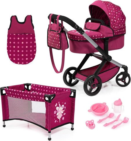 دمى بايير تصميم: مجموعة Xeo Mega 10pc - Pink Hot Pink ، Dots ، Fairy - Pram ، Bed ، حقيبة يد ، إكسسوارات التغذية والرعاية للدمى حتى 18 "، لعبة أطفال ، تتراوح أعمارهم بين 3+ in Kuwait