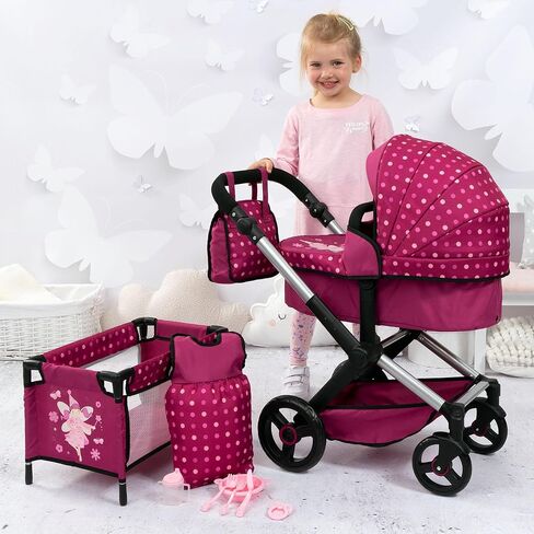 دمى بايير تصميم: مجموعة Xeo Mega 10pc - Pink Hot Pink ، Dots ، Fairy - Pram ، Bed ، حقيبة يد ، إكسسوارات التغذية والرعاية للدمى حتى 18 "، لعبة أطفال ، تتراوح أعمارهم بين 3+ in Kuwait