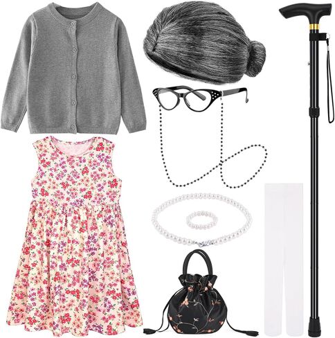 Old Lady Costume 100 Days of School Costume Granny Old Lady Sweater Dress Wig Bag Cane Accessory for Dress Up in Saudi Arabia