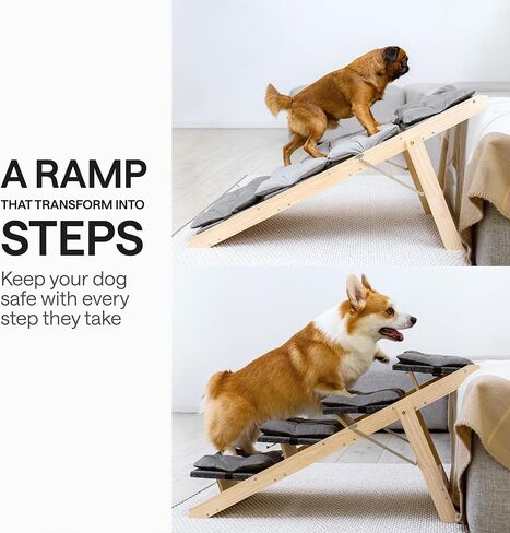 منحدر للكلاب - منحدر للحيوانات الأليفة الخشبية القابلة للطي مع سطح وسطح للأسرة والأرائك عالية - تصميم محمول يتحول إلى الدرج in Kuwait