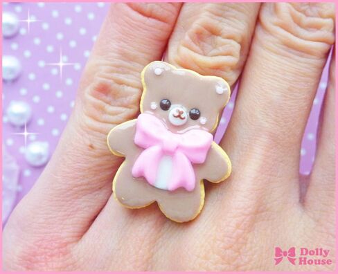 Handmade Kawaii Bear Sugar Cookie Ring – Cute Adjustable Polymer Clay Dessert Jewelry in Saudi Arabia
