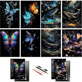 طلاء خدش ورقة فنية فن الخدش للبالغين والأطفال ， إبداعي DIY Art Craft Gift Scratch Rainbow Paint Paper Luminous Paper مع 4 أدوات 11.7'x8.3 "(الحوت والفراشة)