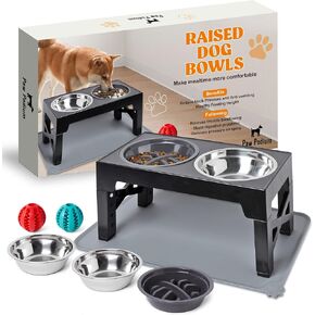 PawPodium Elevated Raised Dog Bowl Set with 2 x Stainless Steel Bowls Plus 1 x Slow Feeder, Pet Feeding Mat and 2 x 6cm Chew Balls – Non-Slip, Adjustable Height, Feeding Station for Dogs & Puppies in Saudi Arabia