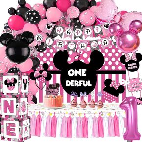 Minnie 1st Birthday Party Supplies Decorations, Minnie First Birthday Decorations Include Banner, Balloon Garland Arch, Backdrop, Balloon Box, Welcome Door Sign, Tablecloth, Headband, Toppers