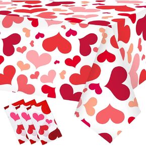 Erweicet Valentines Day Table Cover 3PCS Red Heart Pattern Rectangular Plastic Tablecloth 53.94" x 107.87" for Wedding, Engagement, Anniversary, Birthday Parties