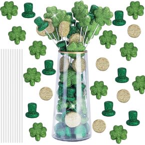 60 Glitter Foam St. Patrick's Day Vase Filler and 20 Sticks, Irish Glitter Green Shamrocks Ornament for Vase Filler, Top Hat Coins Lucky Shamrocks Foam Table Scatter for Centerpiece Party Home Decor