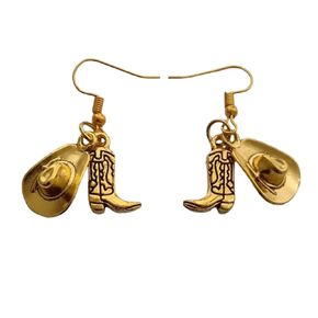 Western Style Vintage Country Cowboy Hat Earrings, Boot and Hat Charm, Farm Lover, Gold Color Cowboy Dangle Earrings Original Jewelry