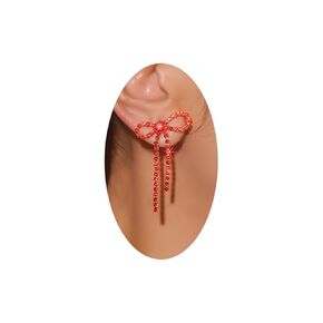 Sparkly Bow Earrings for Women Winter Pink Rhinestone Tassel Earrings Prom Wedding Party Dress Jewelry Stocking Stuffers Christmas Gifts (Red)