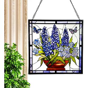 Bluebonnet Blue Iris Flower and Butterfly Stained Glass Panel Suncatcher Square Window Hanging, 7.8 Inch Real Glass Decorative Art Sun Catcher for Home, Gift, and Garden Decor