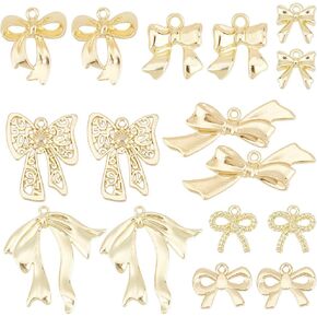 SUNNYCLUE 1 Box 32Pcs 8 Styles Gold Bow Charms Bulk Bowknot Charms Light Golden Alloy Metal Big Cute Bow Charms for Jewelry Making Diy Crafting Supplies Necklace Bracelet Earring Women Beginner Women