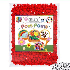 Caydo 1000 Pieces 1cm Red Pom Poms with 100 Pieces Wiggly Eyes Crafts Pompoms Balls for Crafts for Kids for Art Creative Crafts and Christmas Decoration