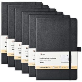 SUIN Lined Journal Notebook, Leather Hardcover Journal for Work, School, Travel, 100 GSM Paper, 160 Pages, 5.5x8.3 Inch, College Ruled, Black, 6-Pack