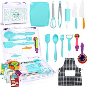Kids Cooking Sets Real, Kids Cooking & Baking Set with Storage Case Kid Safe Knives Cutting Board Apron Cookbook Toddler Cooking Utensils, Montessori Kitchen Tools, Birthday Gifts Toys for Girls Boys