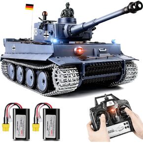1/16 RC Tank ، Tiger Tiger I Army Toy مع الدخان والصوت والأضواء ، خزان التحكم عن بُعد يطلق النار مع المسارات المعدنية المطورة وعجلة ضرس وعبور الصلب والبطاريات القابلة لإعادة الشحن*2 2