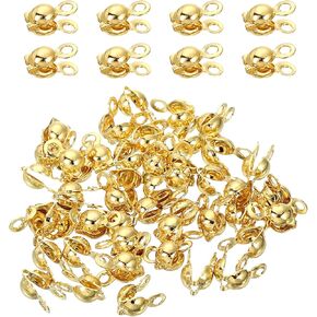 uxcell 50 Pcs 3.2mm Crimp End Caps, Clamshell Cord End Cap Connector Clasp Bead Tips Knot Covers Calotte End Crimp for DIY Jewelry Making, 18K Gold