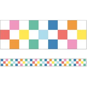 Carson Dellosa We Stick Together 36Ft of Checkered Rainbow Bulletin Board Borders, 12 Strips of Checker Pattern Trim for Rolling Whiteboard, Cork and Posterboard, Party Decorations and Classroom Decor