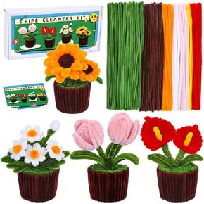 Pipe Cleaners, Pipe Cleaner Flower Craft Kit, Pipe Cleaners Craft Supplies with Tutorial, Multi-Colored Chenille Stem DIY Plant Pipe Cleaners Craft for Birthday Holiday Creative Decoration