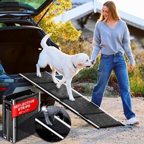Dog Ramp for Car, 63" Folding Pet Ramp, Non Slip Surface with Reflective Strips & Transport Bag, Portable Dog Stairs for Large Dogs Up to 250LBS, SUV, Truck, Bed, Outdoor Dog Ramp for Trucks & SUV