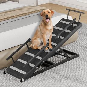Dog Ramp for Bed, 63" Pet Ramp for Adjustable Hight, Dog Ramps for Large Dogs with Anti-Slip Carpet and Safety Rails, Dog Car Ramp with Wheel for Small, Large, Old Dogs Up to 110 Lbs, Black