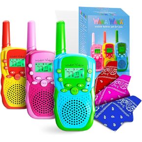 Waka Waka Walkie Talkies for Kids (3 Pack, Yellow, Red, Green) — Long Range Two-Way Walkie Talkie Set with Bandanas and Whistles Included — Great for Indoor or Outdoor Play — Gift for Boys and Girls