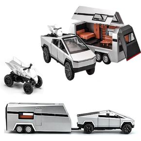 1/32 Cybertruck Model Pickup Trailer RV Model Kit, Truck and Trailer Toy with Sound Light Pull Back, Off-Road Pickup Truck Model Toy with Motorcycle, Alloy Diecast Vehicles Cars Toys Gifts