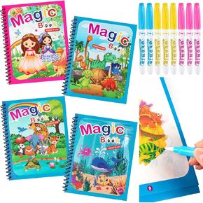 4 Pack Water Coloring Books, Reusable Water Painting Book Unicorn Dinosaur Animal Ocean Painting for Toddlers Educational Learning Kits Gifts