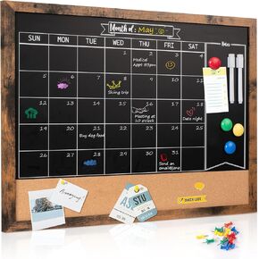 Board2by Monthly Chalkboard Calendar & Cork Board for Wall, 24" x 36" Magnetic Chalk Calendar Board Combo Board, Large Wall Mounted Combination Board Blackboard for Office, Kitchen, School, Home
